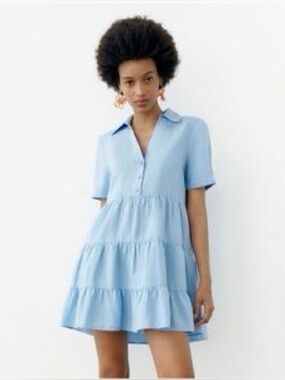 Zara Light Blue Tiered Collared Linen Mini Dress XS